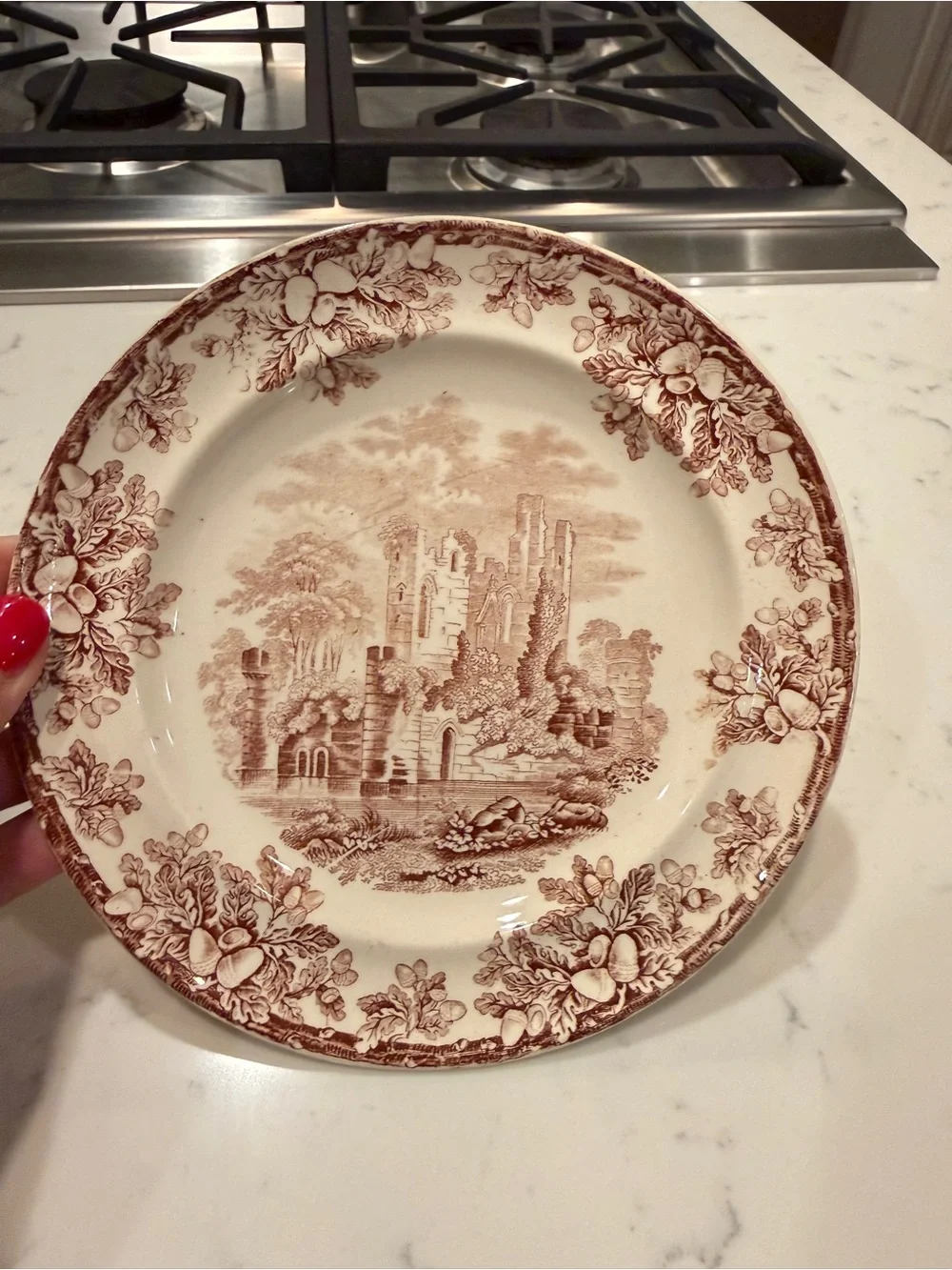 W.T. Copeland Brown Transferware Salad Plate Castle Ruins Oak Acorn Border